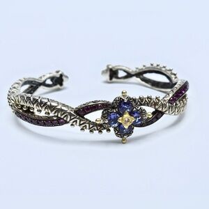 Barbara Bixby Sterling & 18K Iolite & Pink Garnet Flower Cuff Bracelet